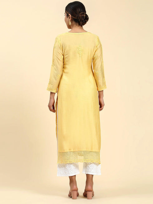 Fizaa Chikankari Long Kurta in Chanderi Silk for Women - Yellow